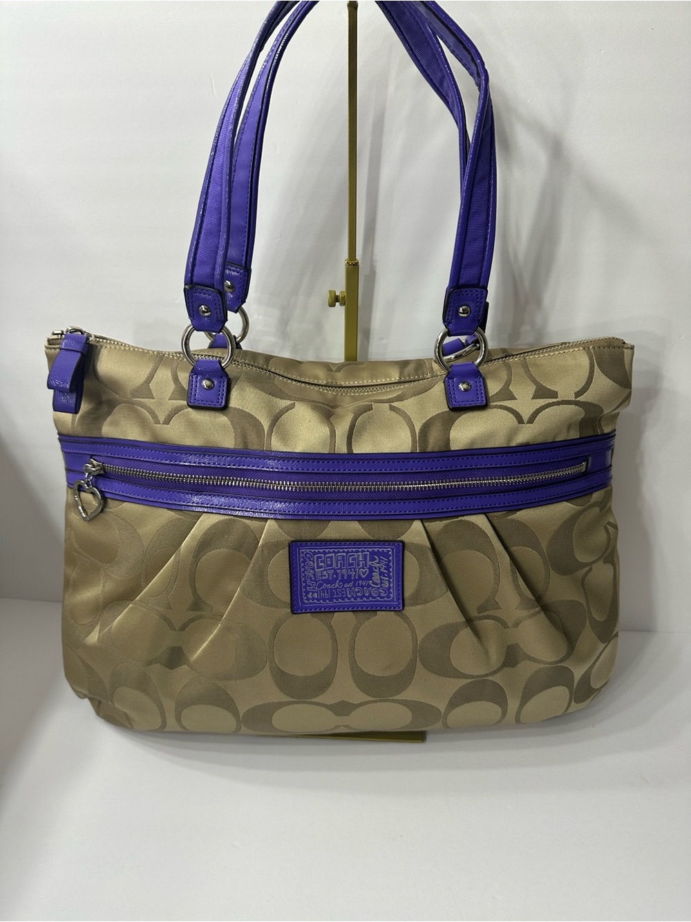 Coach Poppy Signature Glam Tote Signature Shoulder Bag in Brown & Purple